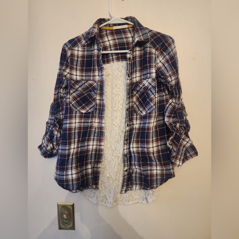 Hint of mint plaid flannel lace back shirt size small